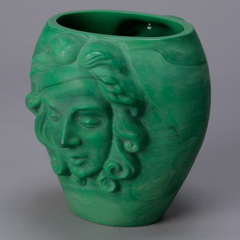 Czech Art Deco Era Bohemian Malachite Glass Vase with Faces