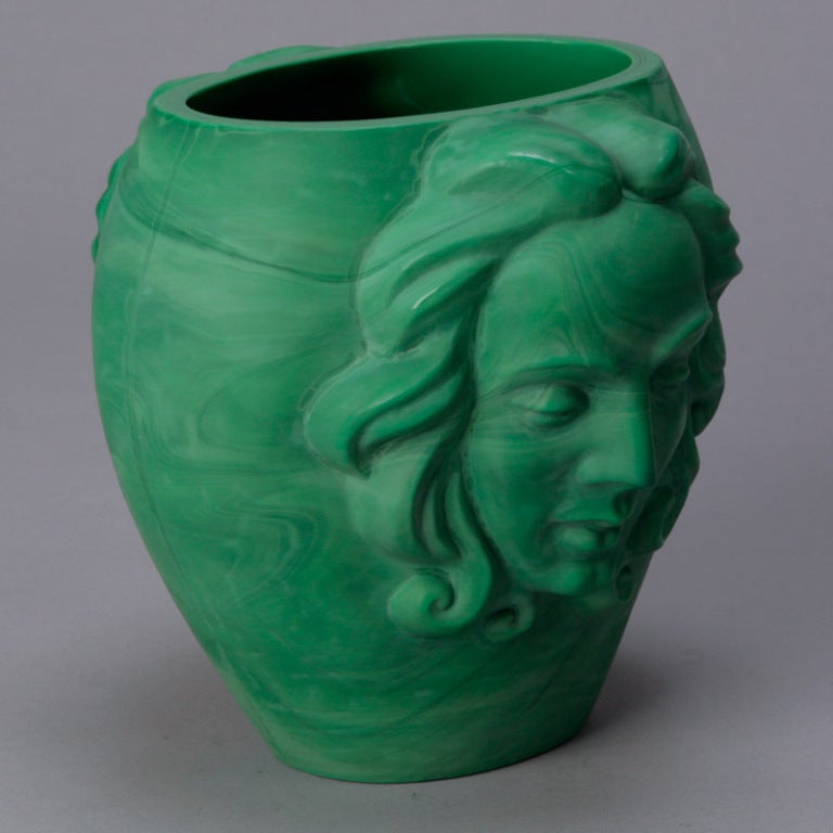 Art Deco Era Bohemian Malachite Glass Vase with Faces In Excellent Condition In Troy, MI