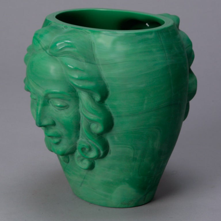 Mid-20th Century Art Deco Era Bohemian Malachite Glass Vase with Faces