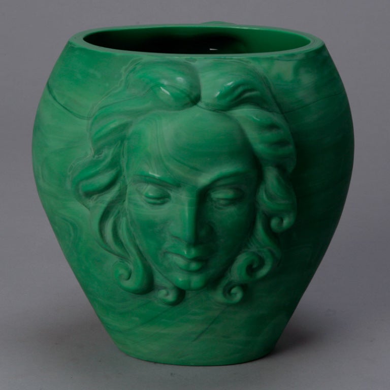 Art Deco Era Bohemian Malachite Glass Vase with Faces 1