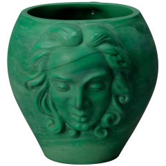 Art Deco Era Bohemian Malachite Glass Vase with Faces 2