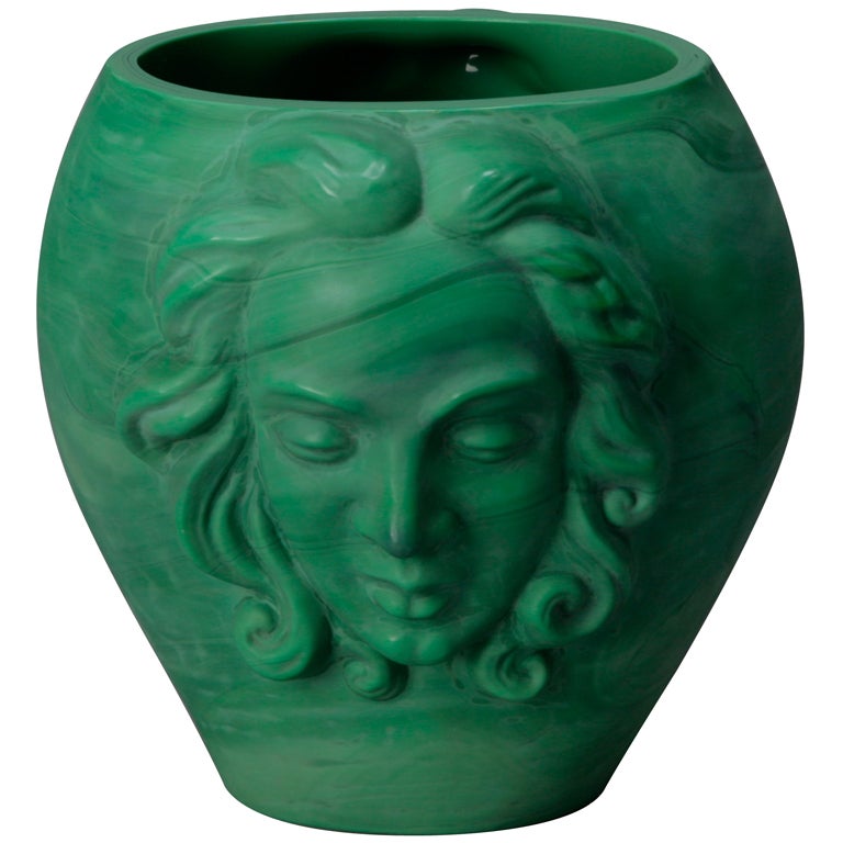 Art Deco Era Bohemian Malachite Glass Vase with Faces