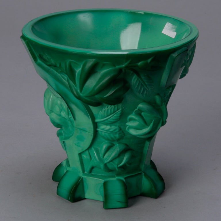 Bohemian Malachite Glass Vase with Stylized Roses