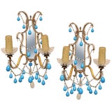Pair of Italian Beaded Sconces with Turquoise Glass Drops