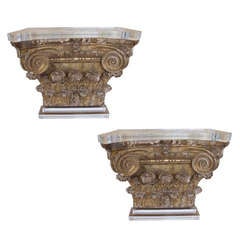 Antique Pair of 17th/18th Century Fragment Capital Console Tables with Lucite Tops and Plinths