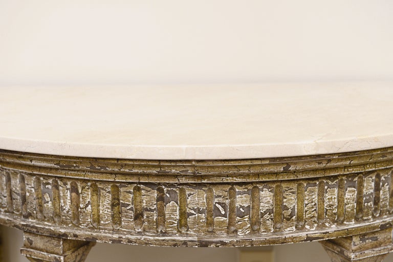 Demilune Console Table with Travertine Top In Excellent Condition In West Palm Beach, FL