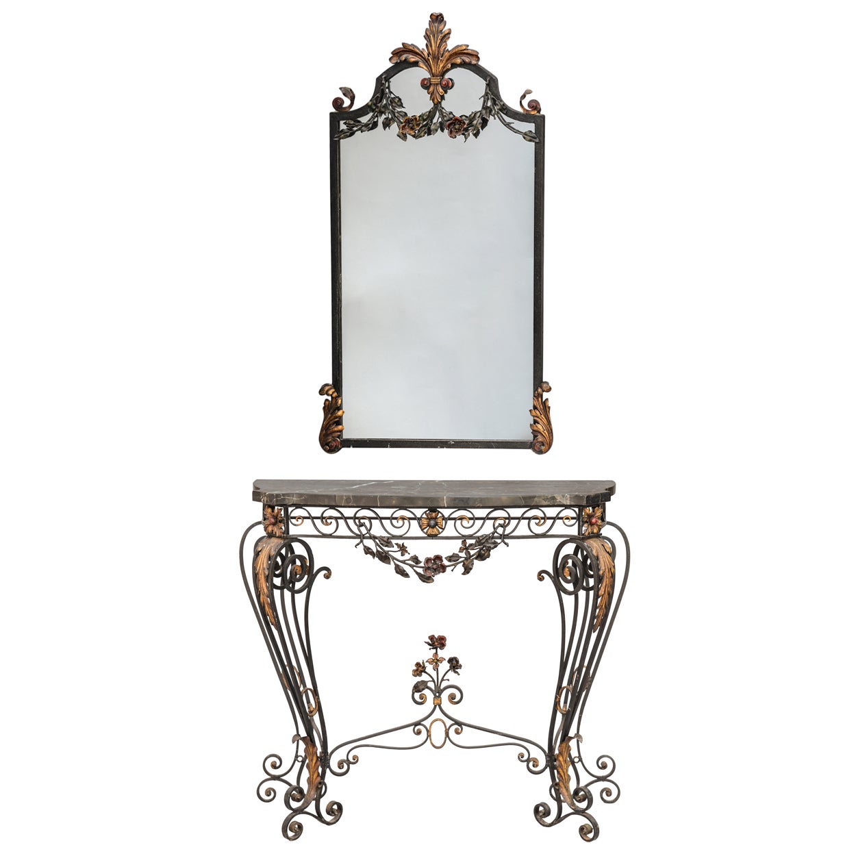 Polychromed Iron Mirror and Console For Sale
