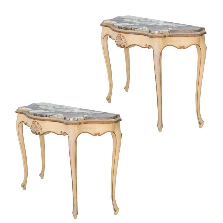 Pair of Painted Italian Console Tables with Rouge Marble Tops