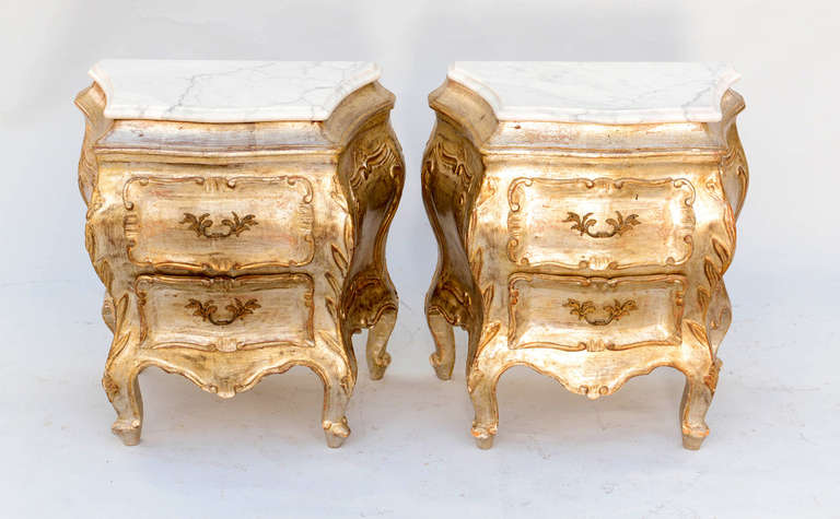 Pair of Petite Silvergilt Bombe End Table Commodes with Marble Tops