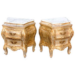 Pair of Petite Silvergilt Bombe End Table Commodes with Marble Tops