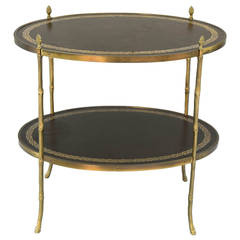Oval Two-Tier Leather Accent Table with Faux Bamboo Brass Legs