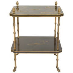 Japanned Two-Tier Accent Table with Brass Faux Bamboo Legs