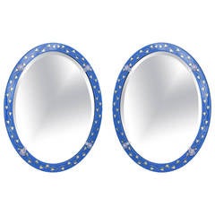 Vintage Pair of Oval Venetian Mirrors with Lapis Blue Glass Frame