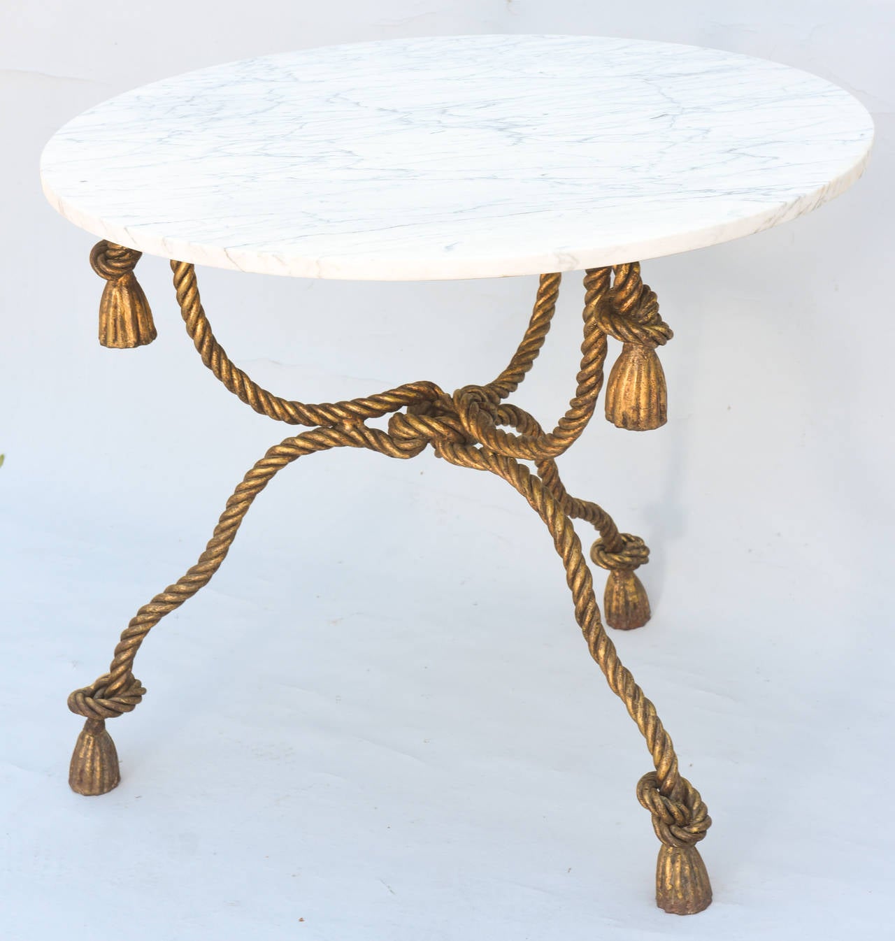 Niccolini Gilded Iron Rope-and-Tassel Table with Carrara Marble Top In Excellent Condition In West Palm Beach, FL