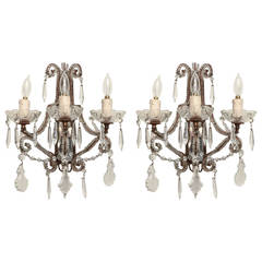 Pair of Three-Light Crystal Beaded Italian Scones with Mirrored Backplate