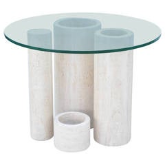 Graduated Travertine Cylindrical Table Base with Glass Top
