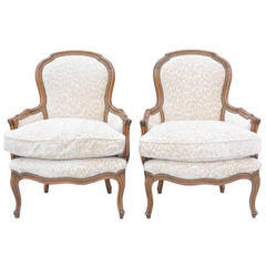 Pair of Louis XV Bergeres with Fruitwood Channeled Frames