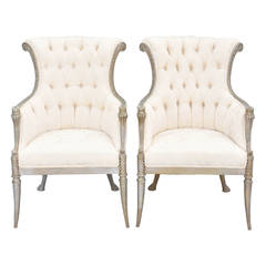 Pair of Italian High-Backed Tufted Bergere Armchairs with Silvergilt Frames