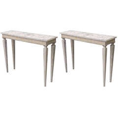 Retro Pair of Narrow Painted Console Tables with Marble Tops