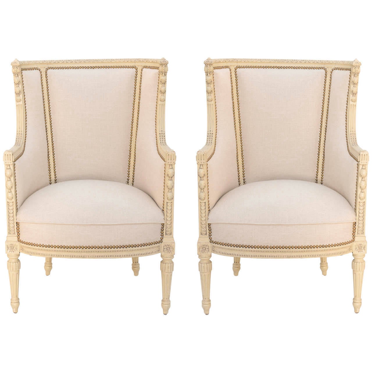 Fine Pair of Painted Bergeres in French Linen, 19th Century For Sale