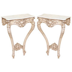Pair of 19c French Wall Mounting Consoles with Cararra Marble Tops