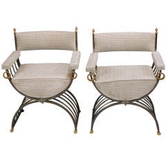 Pair of Polished Steel and Brass Savonarola Chairs