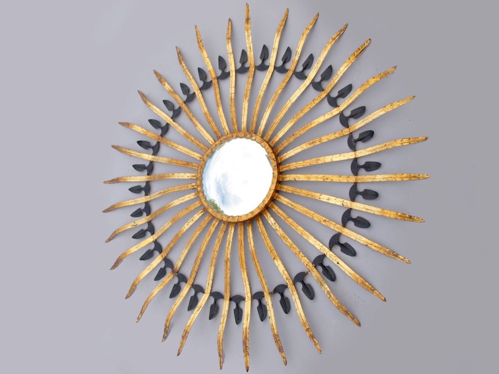 Mid-20th Century Italian Gilded Iron Convex Sunburst Mirror