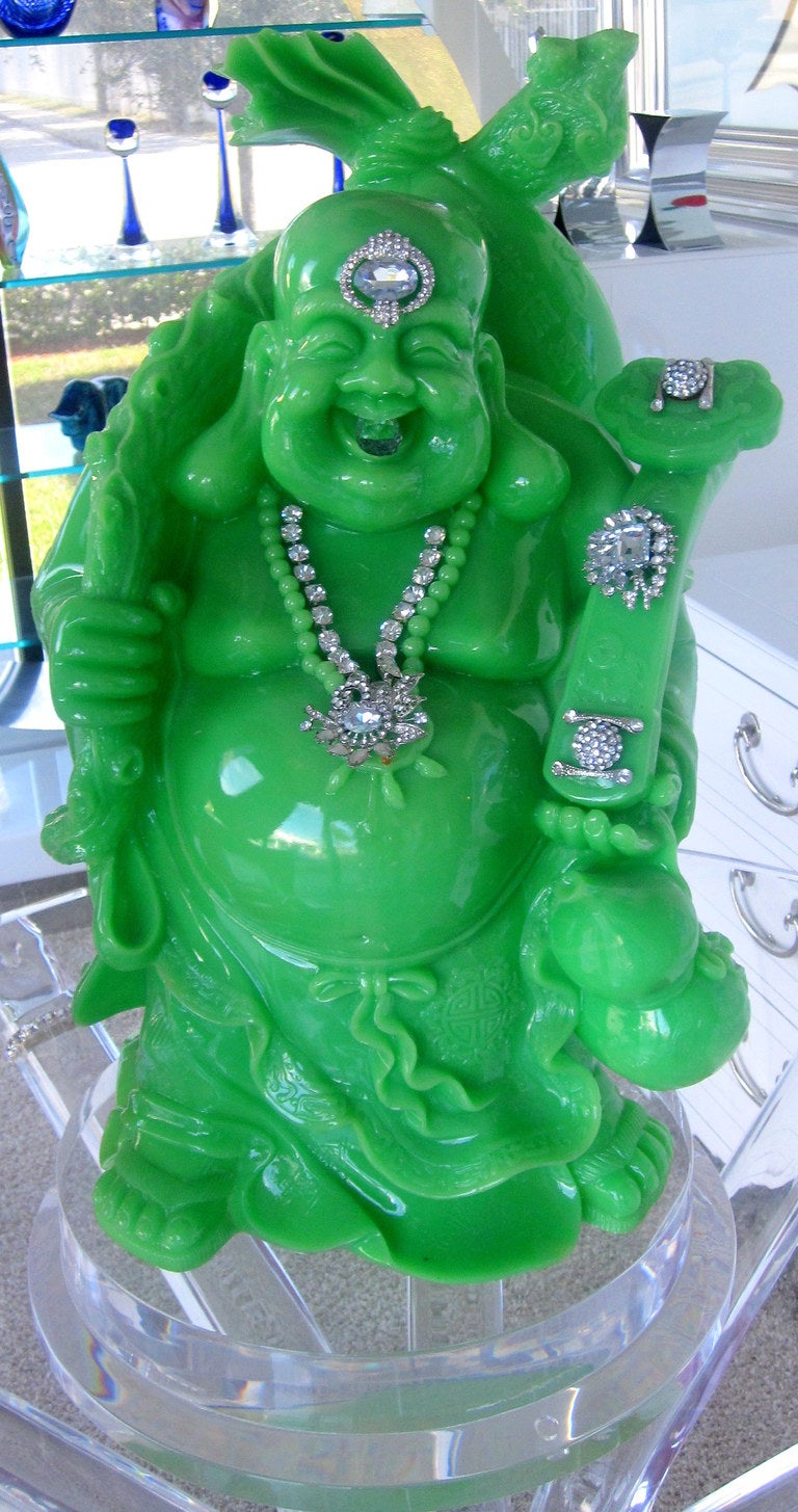 Unique Mid-Century Emerald Green Resin Buddha Sculpture  with Crystal Jewels on Lucite Base.