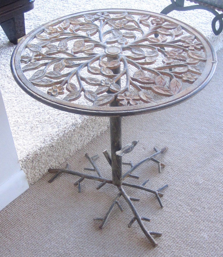 A Sculptural Ironwork Table with Patina Depicting a Spring Tree with a Baby Bird on the Branch in the Style of Francois Xavier Lalanne.