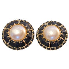 Chanel Leather and Faux Pearl Clip On Earrings