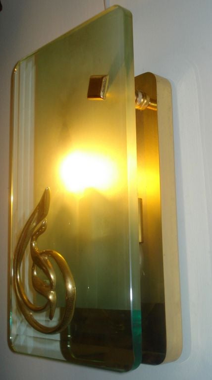 Italian Pair of Mid-Century Murano Glass and Bronze Sconces For Sale