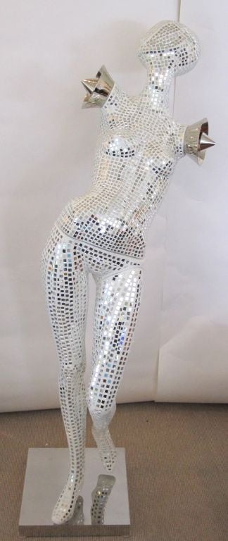 Very unique and stunning mosaic mirrored mannequin sculpture with chromed retro car lights as arms!