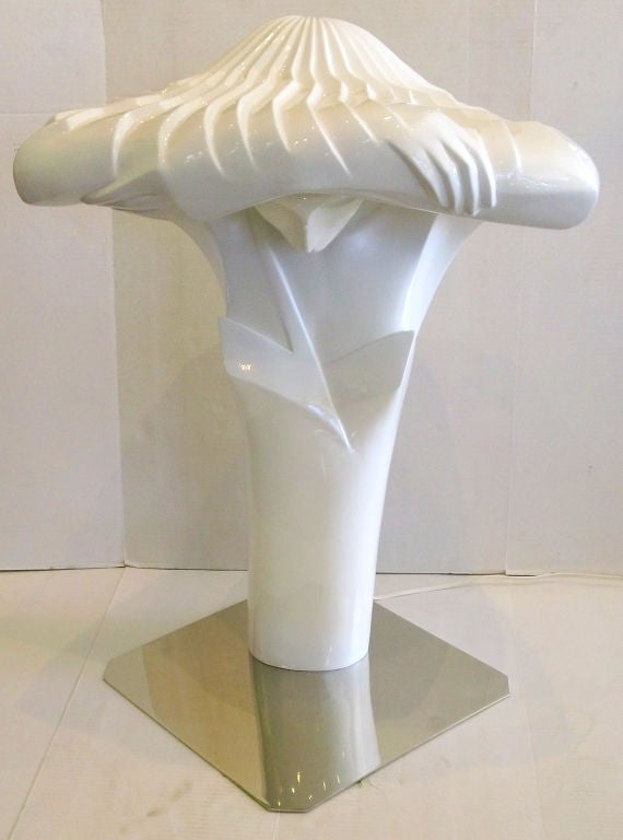 Beautiful White Lacquered Sculpted Art Deco Style Table Lamp on Chrome Base Signed Lindsey B.