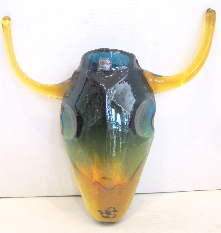 A Stunning Graphic Mid-Century Steer Head of Handmade Multi-Colored Glass by Blenko.
