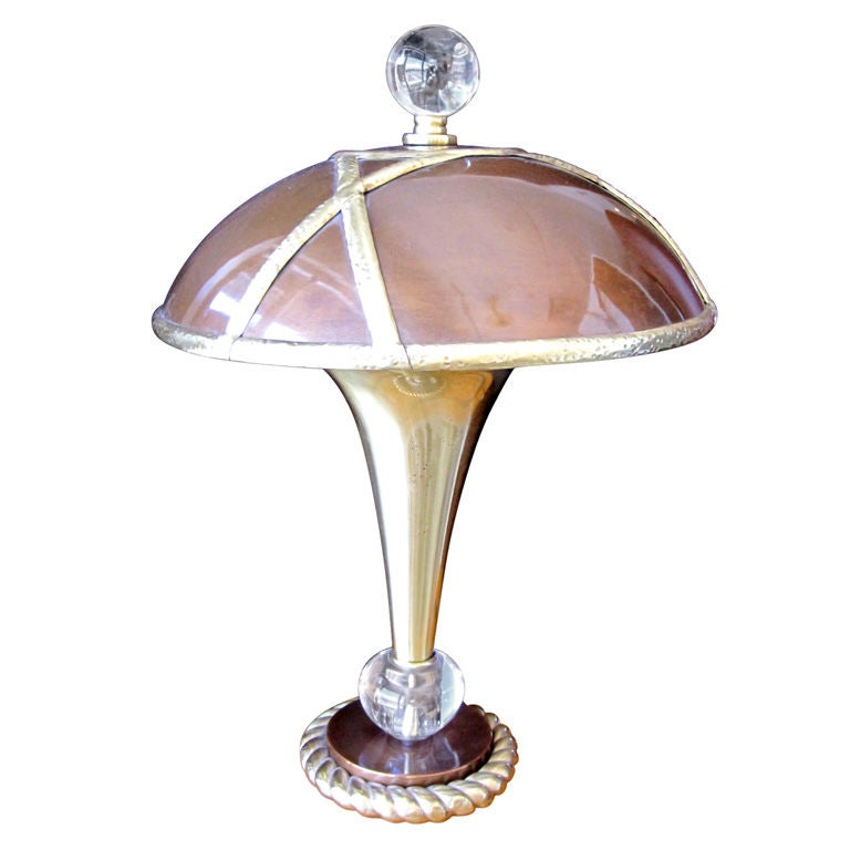 French Mid-Century Copper, Brass, and Crystal Lamp