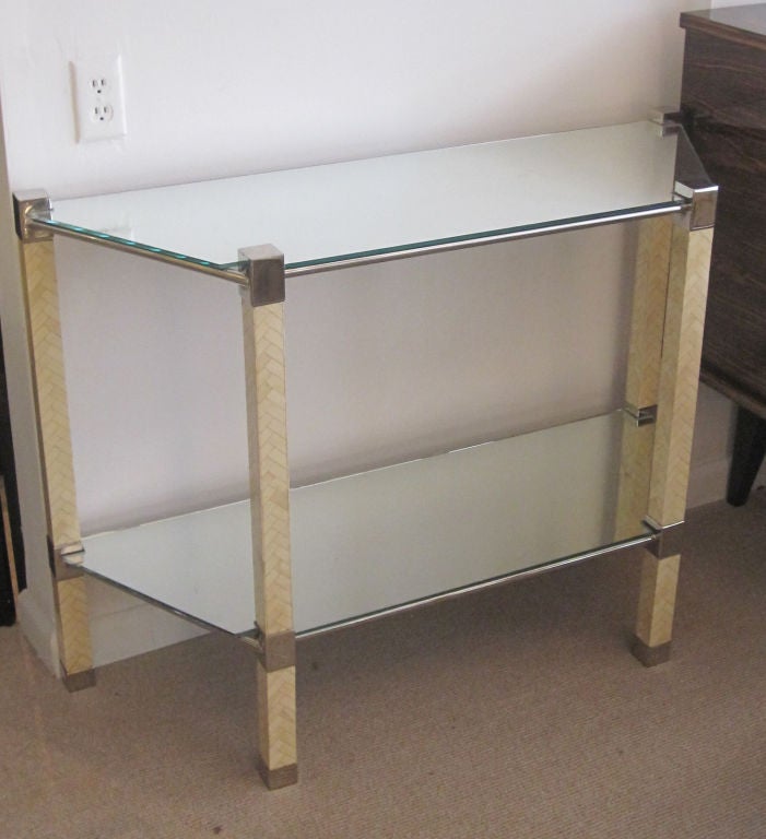 A Chic Console with Bone Inlay, Mirrored Table Top/Shelf,and Nickeled Bronze Accents in the Style of Karl Springer. Matching Table Available.
