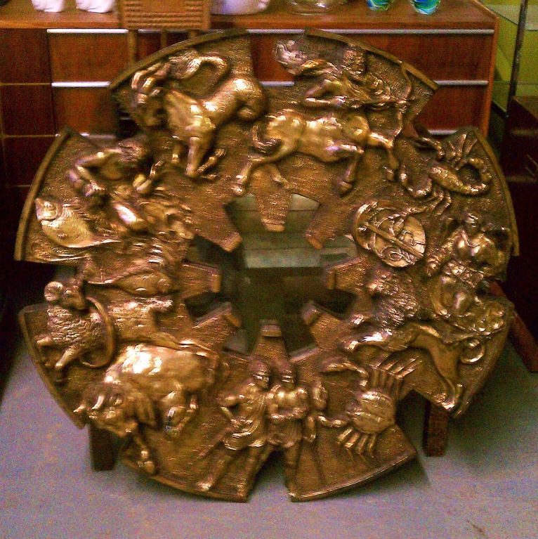 Astrological Signs Adorn this Unique Mirror of Resin Composistion with Bronze Patine.