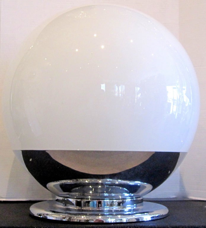 Large Mid-Century Globe Lamp of White Glass and Polished Stainless Steel.