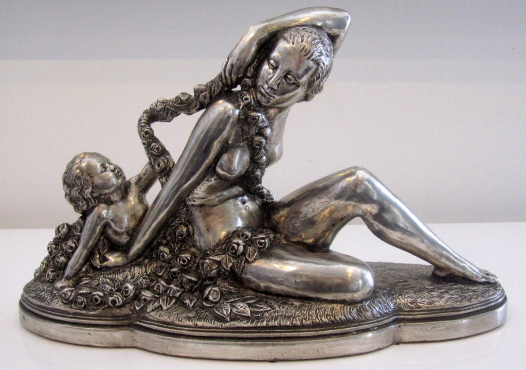 A Beautiful French Art Deco Nude Sculpture of Woman and Child with Ornate Floral Garland signed B. Rezl,(1899-1963). Bohumil Rezl was Born in Czechosloviakia and Immigrated to France to Work with Other Top Art Deco Designers. This Rather Large and