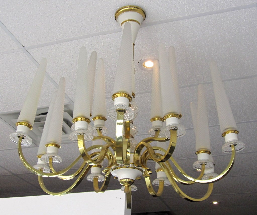 Mid-20th Century French 1940's Tulip Glass and Brass Chandelier
