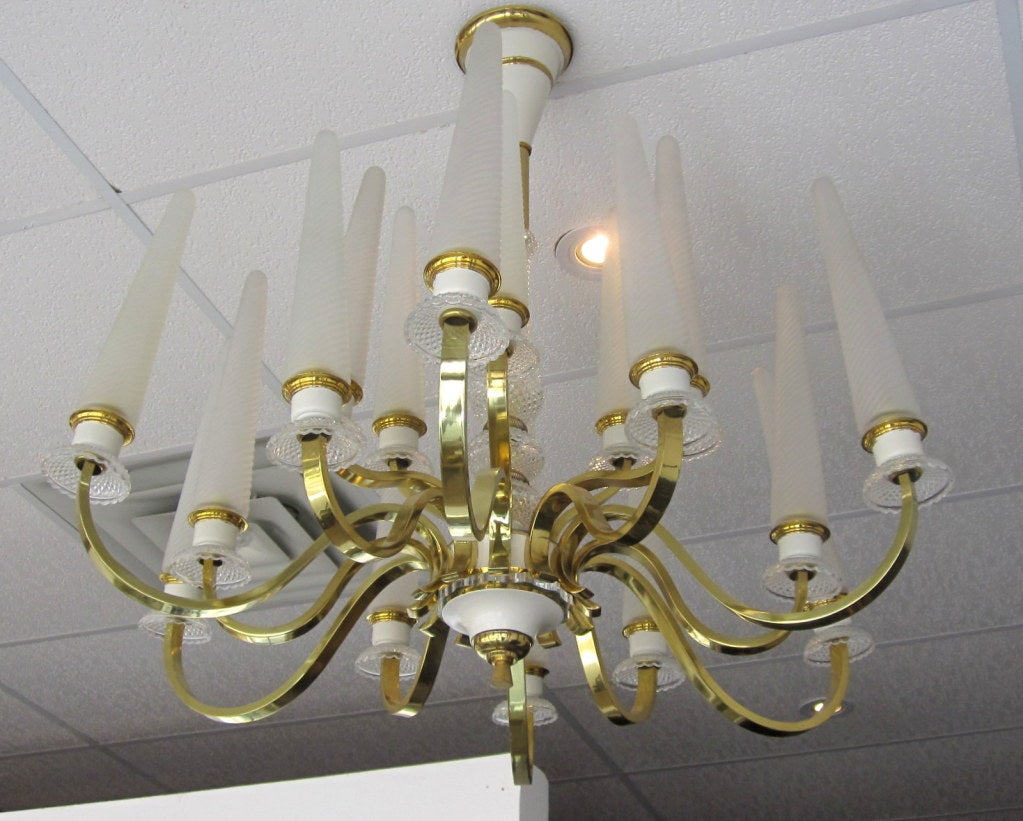 French 1940's Tulip Glass and Brass Chandelier 1