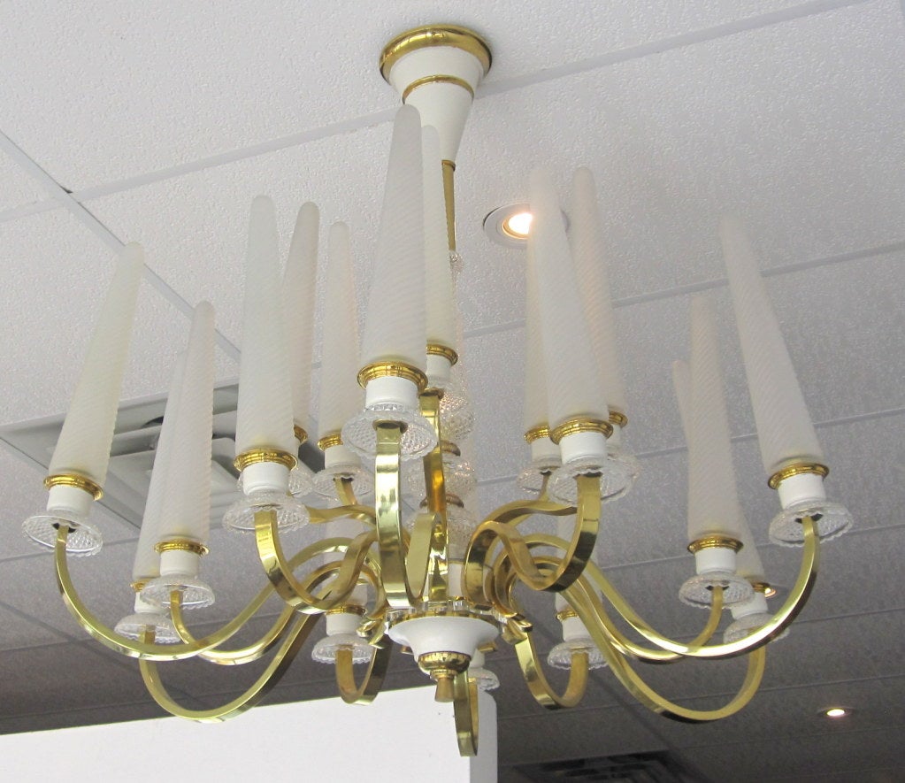 French 1940's Tulip Glass and Brass Chandelier 3