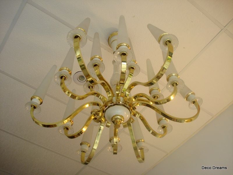 French 1940's Tulip Glass and Brass Chandelier 5