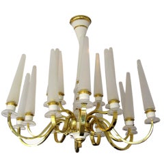 French 1940's Tulip Glass and Brass Chandelier 1