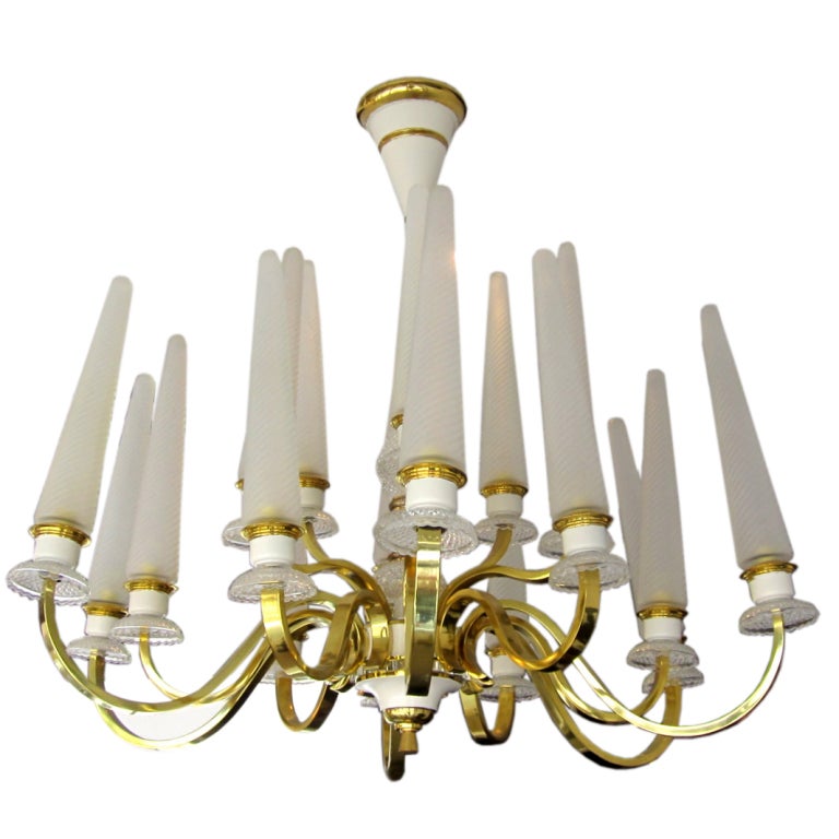 French 1940's Tulip Glass and Brass Chandelier