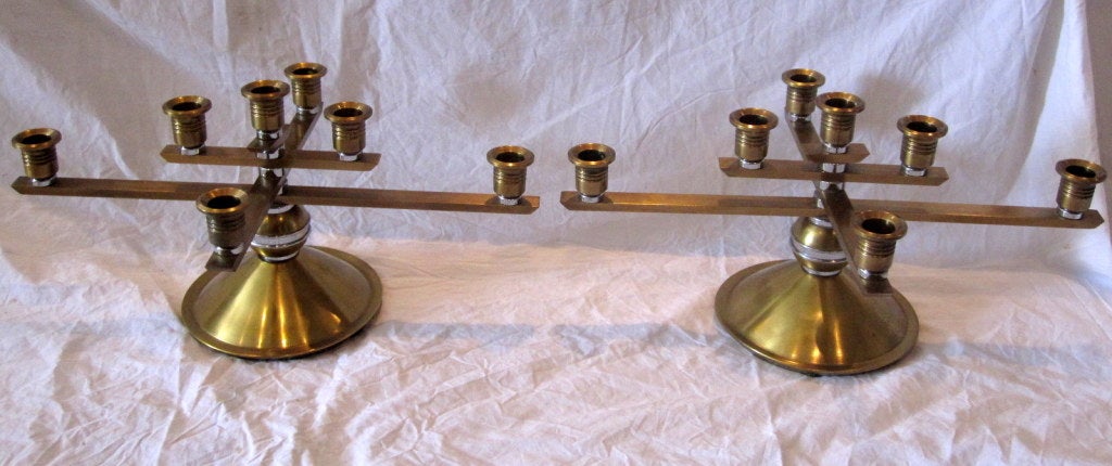 Pair of Mid-Century Heavy Bronze and Chrome 7 Armed Candelabra.