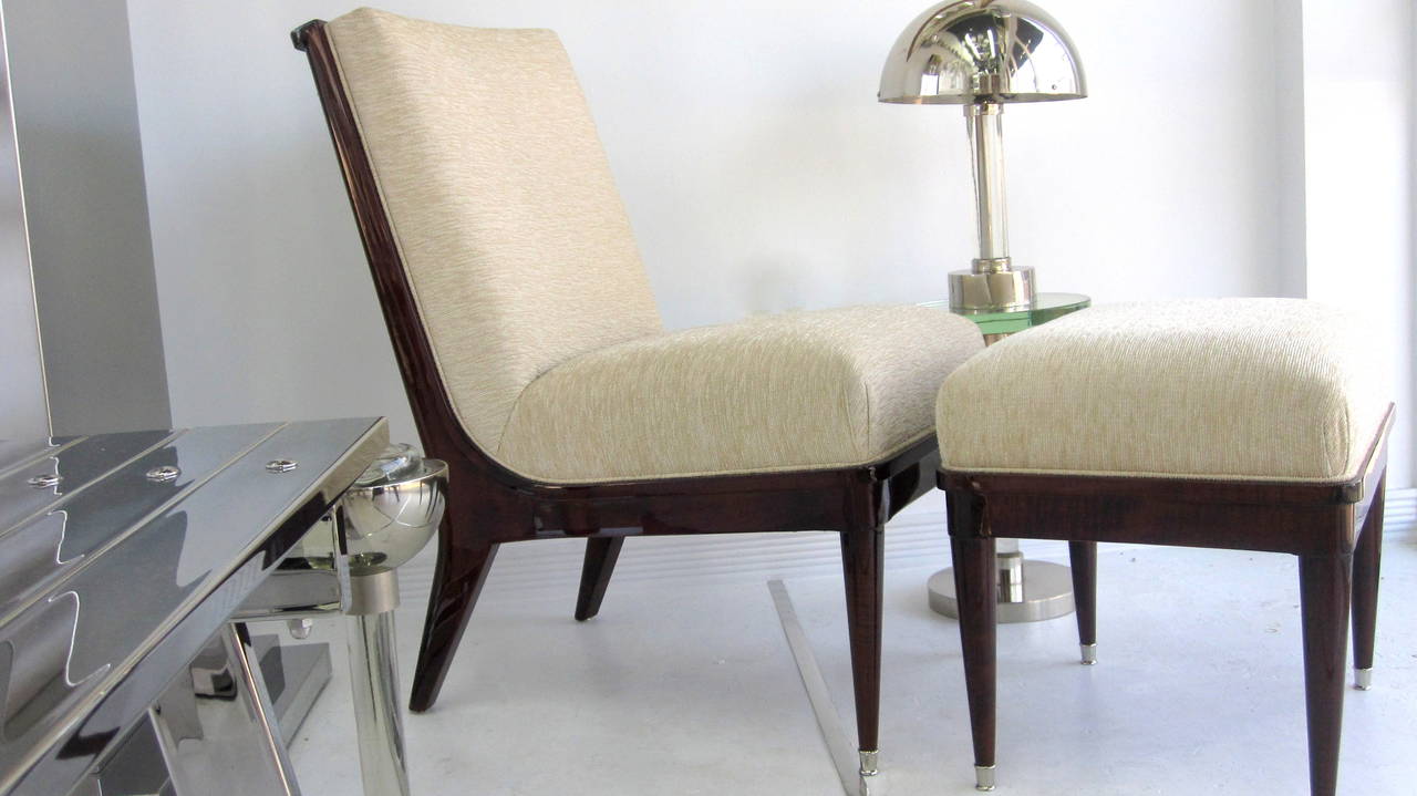 Polished Maurice Jallot French Art Deco Chair and Ottoman Set For Sale