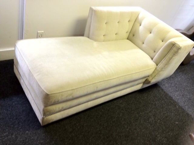 Hollywood Glamour Chaise Longue with Creamy Velvet Upholstry and Chromed Nailheads. Dramatic, yet very Chic and Clean.