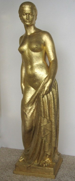 Beautiful Terra Cotta Nude Sculpturewith Gold Leaf signed Jaime Duran, 1933.

Jaime (Jaume) Duran was born in Barcelona in 1891. A disciple of his uncle, the sculptor Miquel Esteve Monegal Castellanos and studied at the School of Fine Arts in