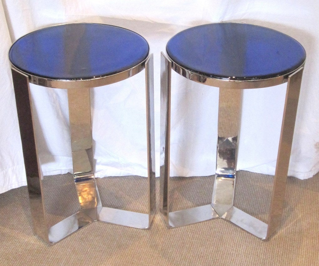 Pair of Gorgeous Nickel Plated Bronze Art Deco Side Tables with Stunning Cobalt Blue Glass Tops.